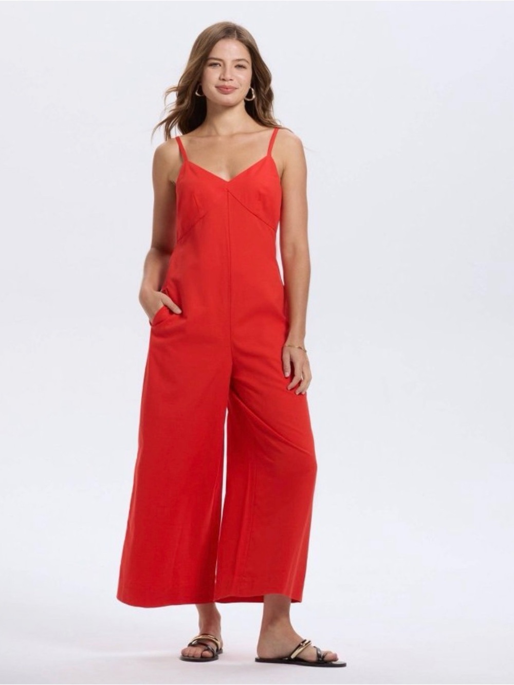 A New Day Red Wide-Leg Spaghetti-Strap Jumpsuit Small Casual Pockets NWT